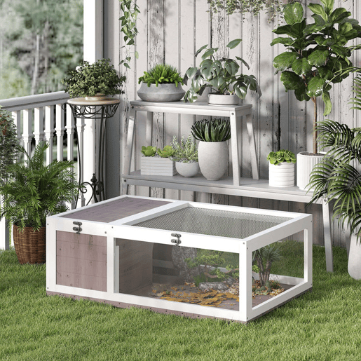 PawHut Casa para Tartarugas de Madeira Terrario para Reptéis com Teto de Malha Painéis Laterais Transparentes e Trava de Segurança 91x60,5x32 cm Castanho Acinzentado