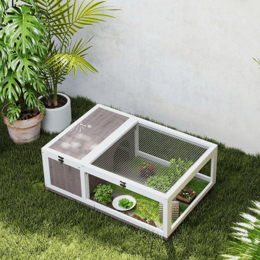 PawHut Casa para Tartarugas de Madeira Terrario para Reptéis com Teto de Malha Painéis Laterais Transparentes e Trava de Segurança 91x60,5x32 cm Castanho Acinzentado