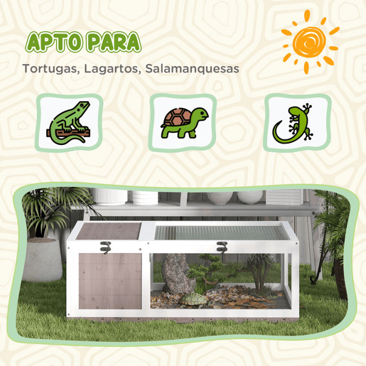 PawHut Casa para Tartarugas de Madeira Terrario para Reptéis com Teto de Malha Painéis Laterais Transparentes e Trava de Segurança 91x60,5x32 cm Castanho Acinzentado
