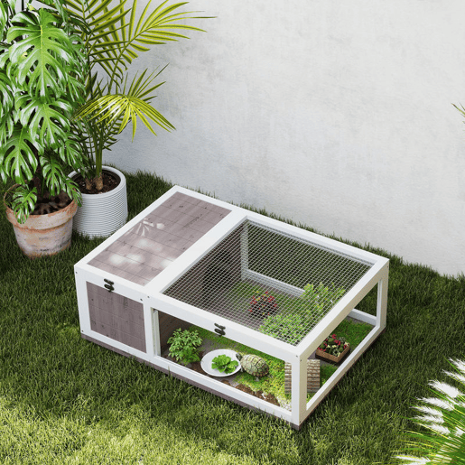 PawHut Casa para Tartarugas de Madeira Terrario para Reptéis com Teto de Malha Painéis Laterais Transparentes e Trava de Segurança 91x60,5x32 cm Castanho Acinzentado
