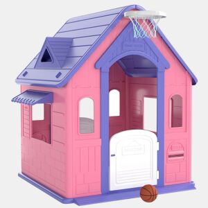 AIYAPLAY Casinha Infantil para Exterior e Interior 3 em 1 Casinha de Jardim com Lançamento de Aros e Basquetebol Casa de Jogos para Crianças de 2-5 Anos 132x118x124 cm Rosa e Roxo