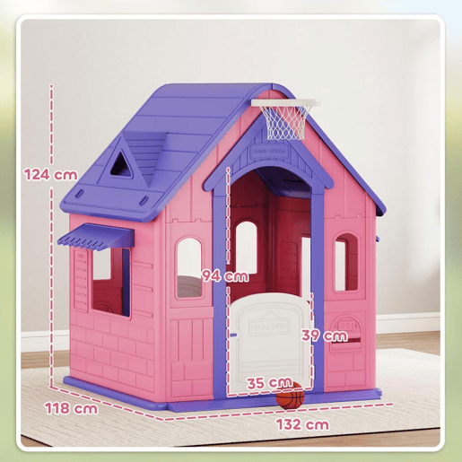 AIYAPLAY Casinha Infantil para Exterior e Interior 3 em 1 Casinha de Jardim com Lançamento de Aros e Basquetebol Casa de Jogos para Crianças de 2-5 Anos 132x118x124 cm Rosa e Roxo