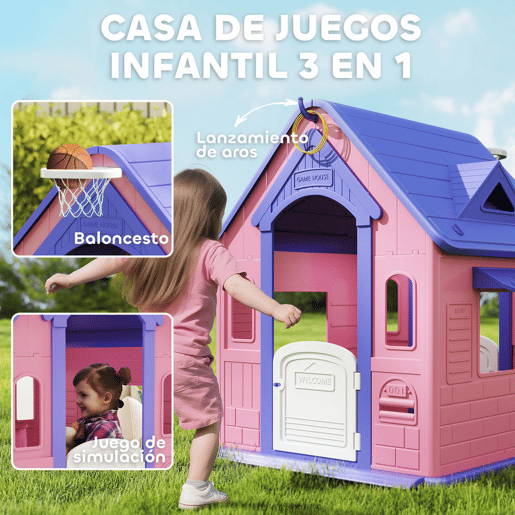 AIYAPLAY Casinha Infantil para Exterior e Interior 3 em 1 Casinha de Jardim com Lançamento de Aros e Basquetebol Casa de Jogos para Crianças de 2-5 Anos 132x118x124 cm Rosa e Roxo
