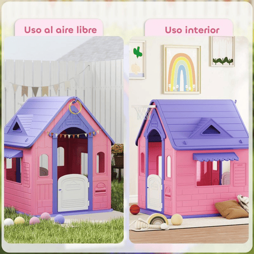 AIYAPLAY Casinha Infantil para Exterior e Interior 3 em 1 Casinha de Jardim com Lançamento de Aros e Basquetebol Casa de Jogos para Crianças de 2-5 Anos 132x118x124 cm Rosa e Roxo