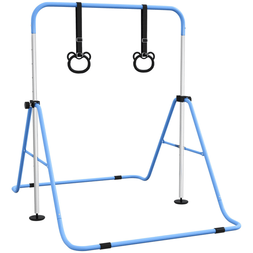 HOMCOM Barra de Ginástica para Crianças com Altura Ajustável em 5 Níveis e Anéis Barra de Treino de Ginástica Dobrável 148x105x88-128 cm Azul