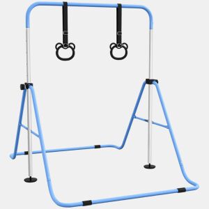 HOMCOM Barra de Ginástica para Crianças com Altura Ajustável em 5 Níveis e Anéis Barra de Treino de Ginástica Dobrável 148x105x88-128 cm Azul