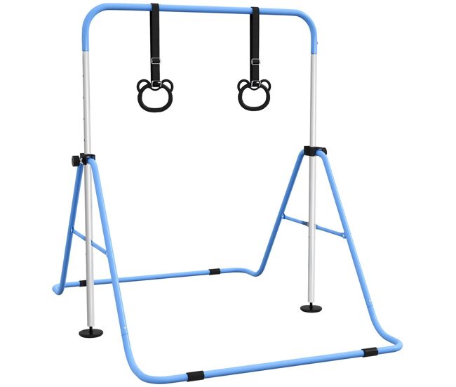 Homcom barra de gimnasia para niños con altura ajustable en 5 niveles y anillos, barra de entrenamiento de gimnasia plegable en casa, azul