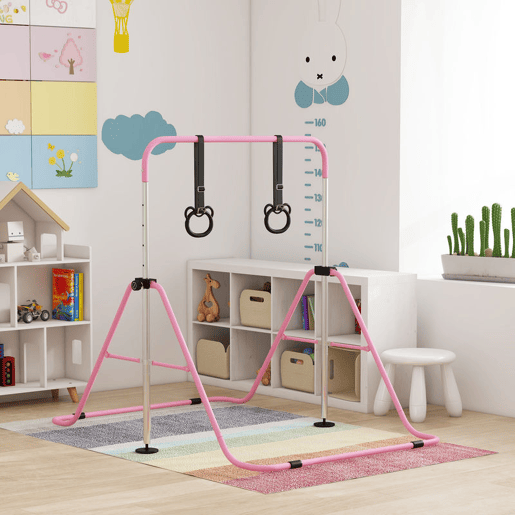 HOMCOM Barra de Ginástica para Crianças com Altura Ajustável em 5 Níveis e Anéis Barra de Treino de Ginástica Dobrável 148x105x88-128 cm Azul