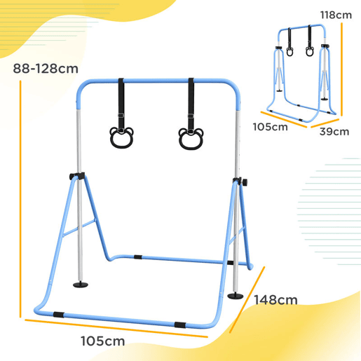 HOMCOM Barra de Ginástica para Crianças com Altura Ajustável em 5 Níveis e Anéis Barra de Treino de Ginástica Dobrável 148x105x88-128 cm Azul