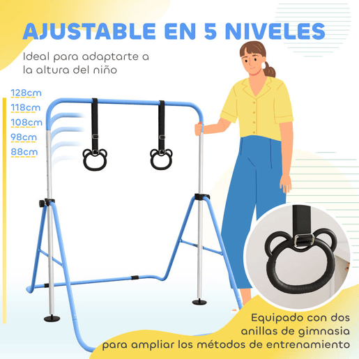 HOMCOM Barra de Ginástica para Crianças com Altura Ajustável em 5 Níveis e Anéis Barra de Treino de Ginástica Dobrável 148x105x88-128 cm Azul