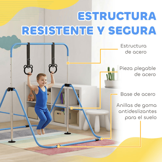 HOMCOM Barra de Ginástica para Crianças com Altura Ajustável em 5 Níveis e Anéis Barra de Treino de Ginástica Dobrável 148x105x88-128 cm Azul