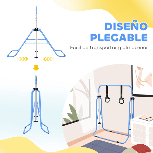 HOMCOM Barra de Ginástica para Crianças com Altura Ajustável em 5 Níveis e Anéis Barra de Treino de Ginástica Dobrável 148x105x88-128 cm Azul