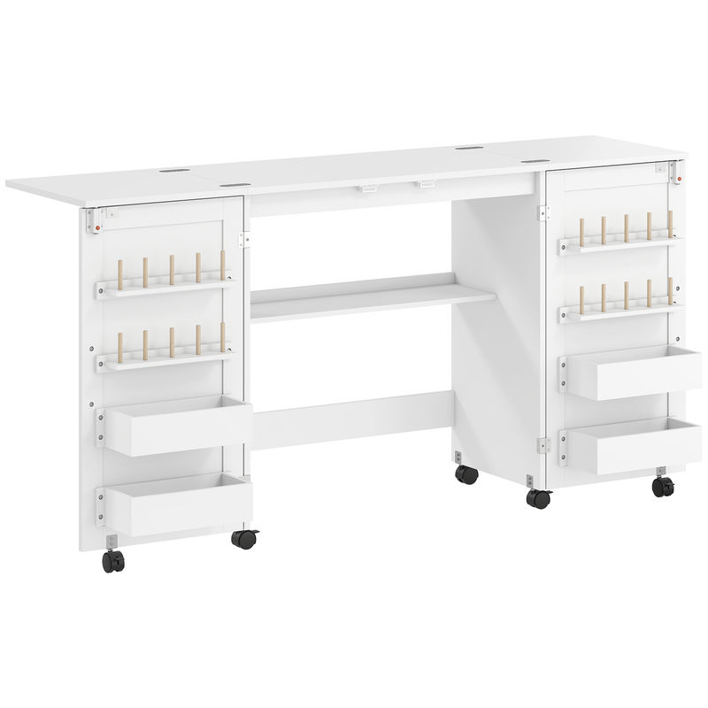 Homcom mesa de costura plegable con 6 ruedas, mueble para máquina de coser con 20 clavijas para hilos, 4 compartimentos, estante, armario de costura para estudio, salón, dormitorio, blanco