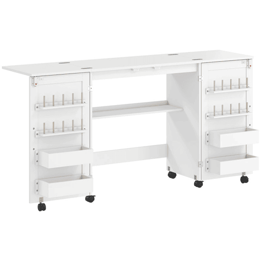 HOMCOM Mesa de Costura Dobrável com 6 Rodas Móvel para Máquina de Costura com 20 Pinos para Fios 4 Compartimentos Prateleira Armário de Costura para Estúdio Sala 160x40x81,5 cm Branco
