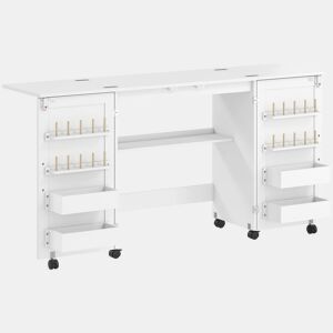 HOMCOM Mesa de Costura Dobrável com 6 Rodas Móvel para Máquina de Costura com 20 Pinos para Fios 4 Compartimentos Prateleira Armário de Costura para Estúdio Sala 160x40x81,5 cm Branco