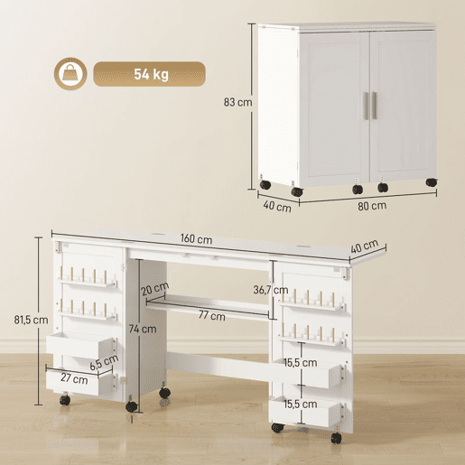 HOMCOM Mesa de Costura Dobrável com 6 Rodas Móvel para Máquina de Costura com 20 Pinos para Fios 4 Compartimentos Prateleira Armário de Costura para Estúdio Sala 160x40x81,5 cm Branco