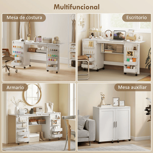 HOMCOM Mesa de Costura Dobrável com 6 Rodas Móvel para Máquina de Costura com 20 Pinos para Fios 4 Compartimentos Prateleira Armário de Costura para Estúdio Sala 160x40x81,5 cm Branco