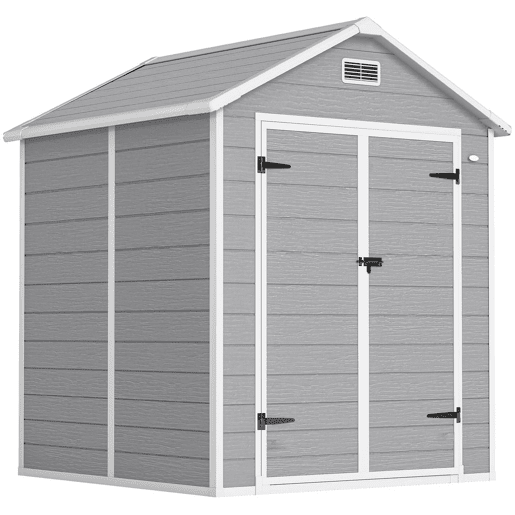 Outsunny Abrigo de Jardim em Resina com Piso 182x151x219 cm Efeito Madeira Estrutura Reforçada em Alumínio Janela Ventilação Portas Duplas com Fechadura Cinzento
