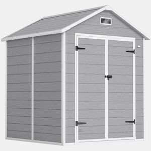 Outsunny Abrigo de Jardim em Resina com Piso 182x151x219 cm Efeito Madeira Estrutura Reforçada em Alumínio Janela Ventilação Portas Duplas com Fechadura Cinzento