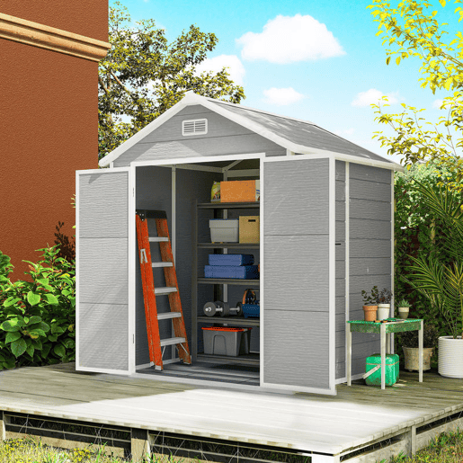 Outsunny Abrigo de Jardim em Resina com Piso 182x151x219 cm Efeito Madeira Estrutura Reforçada em Alumínio Janela Ventilação Portas Duplas com Fechadura Cinzento