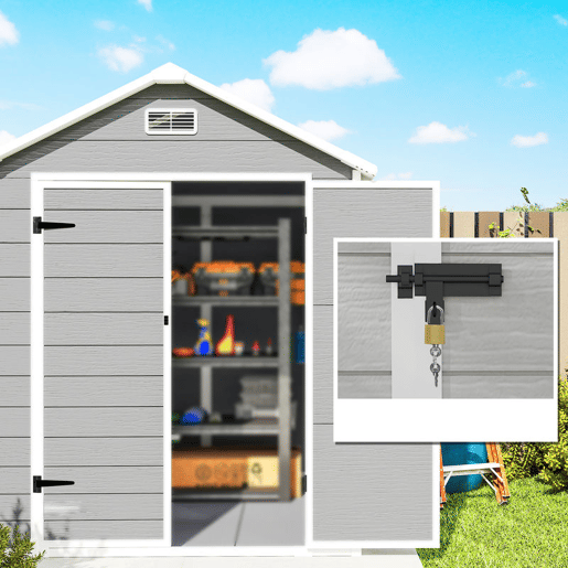 Outsunny Abrigo de Jardim em Resina com Piso 182x151x219 cm Efeito Madeira Estrutura Reforçada em Alumínio Janela Ventilação Portas Duplas com Fechadura Cinzento