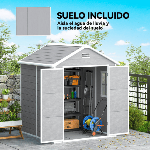 Outsunny Abrigo de Jardim em Resina com Piso 182x151x219 cm Efeito Madeira Estrutura Reforçada em Alumínio Janela Ventilação Portas Duplas com Fechadura Cinzento