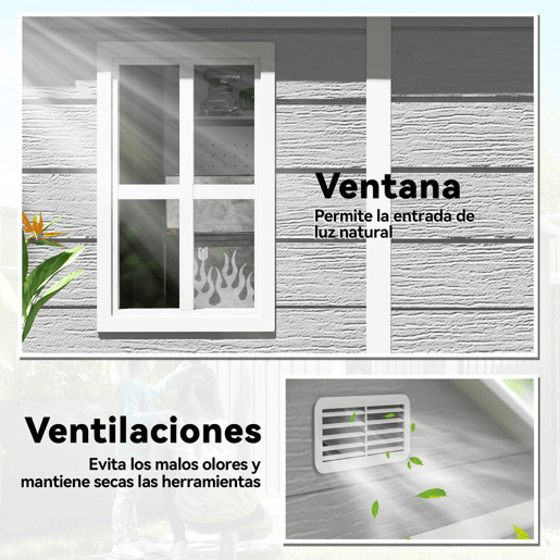 Outsunny Abrigo de Jardim em Resina com Piso 182x151x219 cm Efeito Madeira Estrutura Reforçada em Alumínio Janela Ventilação Portas Duplas com Fechadura Cinzento