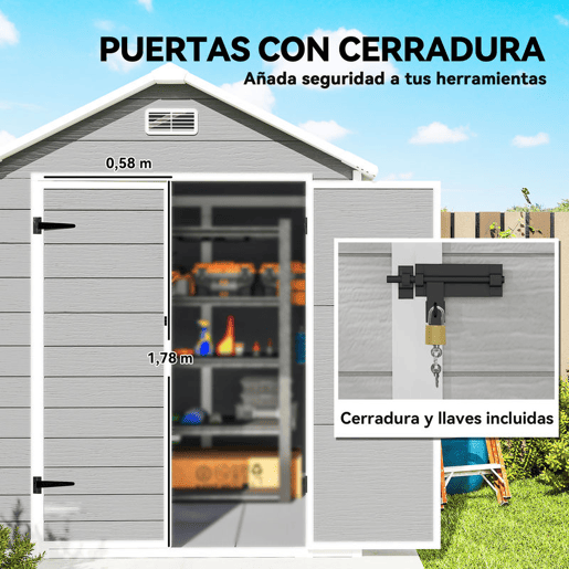 Outsunny Abrigo de Jardim em Resina com Piso 182x151x219 cm Efeito Madeira Estrutura Reforçada em Alumínio Janela Ventilação Portas Duplas com Fechadura Cinzento