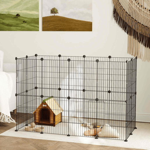 PawHut Recinto Metálico para Animais com 24 Painéis Recinto para Animais Pequenos Personalizável para Coelhos Porquinhos-da-Índia Chinchilas Gatos 120x60x80 cm Preto