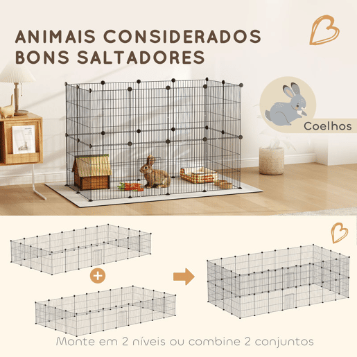 PawHut Recinto Metálico para Animais com 24 Painéis Recinto para Animais Pequenos Personalizável para Coelhos Porquinhos-da-Índia Chinchilas Gatos 120x60x80 cm Preto