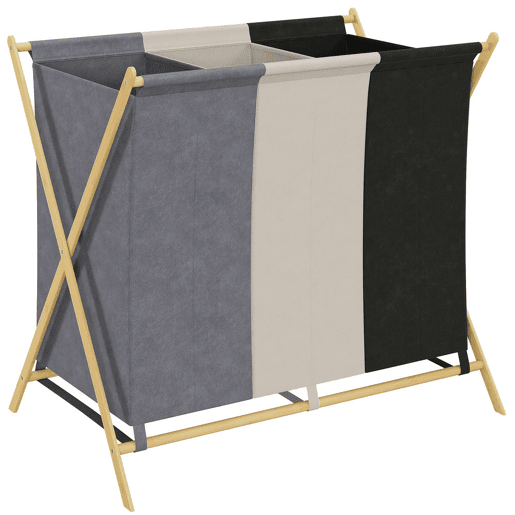 HOMCOM Cesto para Roupa Suja Dobrável com 3 Compartimentos Capacidade de 129L Cesto para a Lavandaria com Estrutura em Forma de X de Bambu e Sacos Removíveis 75x48x67 cm Multicolor