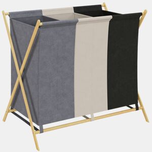 HOMCOM Cesto para Roupa Suja Dobrável com 3 Compartimentos Capacidade de 129L Cesto para a Lavandaria com Estrutura em Forma de X de Bambu e Sacos Removíveis 75x48x67 cm Multicolor