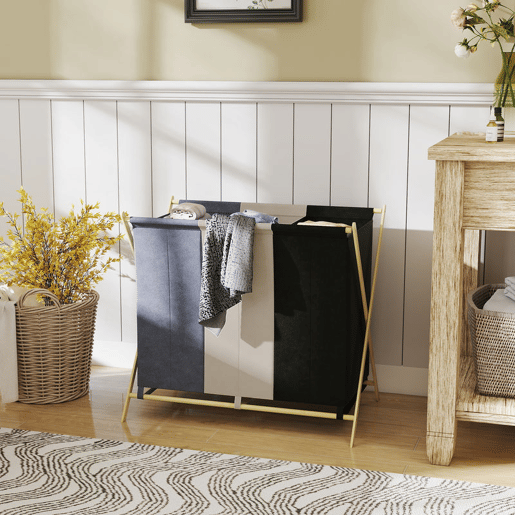 HOMCOM Cesto para Roupa Suja Dobrável com 3 Compartimentos Capacidade de 129L Cesto para a Lavandaria com Estrutura em Forma de X de Bambu e Sacos Removíveis 75x48x67 cm Multicolor