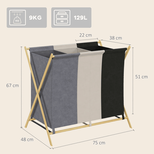 HOMCOM Cesto para Roupa Suja Dobrável com 3 Compartimentos Capacidade de 129L Cesto para a Lavandaria com Estrutura em Forma de X de Bambu e Sacos Removíveis 75x48x67 cm Multicolor
