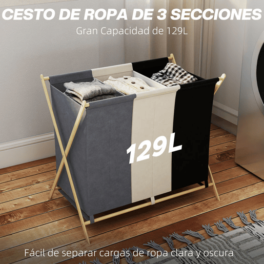 HOMCOM Cesto para Roupa Suja Dobrável com 3 Compartimentos Capacidade de 129L Cesto para a Lavandaria com Estrutura em Forma de X de Bambu e Sacos Removíveis 75x48x67 cm Multicolor