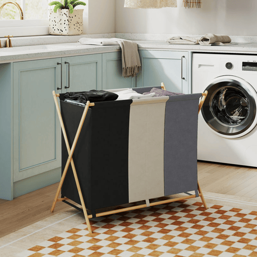 HOMCOM Cesto para Roupa Suja Dobrável com 3 Compartimentos Capacidade de 129L Cesto para a Lavandaria com Estrutura em Forma de X de Bambu e Sacos Removíveis 75x48x67 cm Multicolor