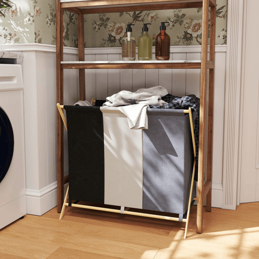 HOMCOM Cesto para Roupa Suja Dobrável com 3 Compartimentos Capacidade de 129L Cesto para a Lavandaria com Estrutura em Forma de X de Bambu e Sacos Removíveis 75x48x67 cm Multicolor