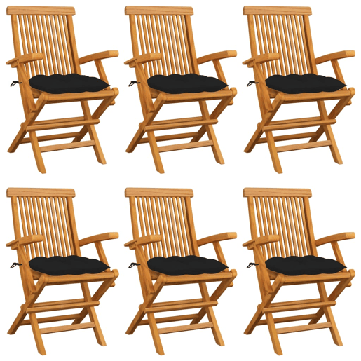 Cadeiras de jardim - Cadeiras de exterior c almofadões pretos 6 pcs teca maciça
