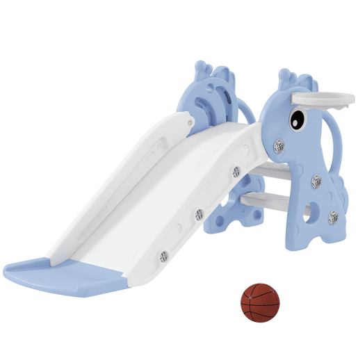 AIYAPLAY Escorrega Infantil 3 em 1 Escorrega para Crianças de 1 a 3 Anos com Escada Tabela de Basquetebol e Desenho de Girafa para Interior 106x51,5x52 cm Azul Claro