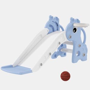 AIYAPLAY Escorrega Infantil 3 em 1 Escorrega para Crianças de 1 a 3 Anos com Escada Tabela de Basquetebol e Desenho de Girafa para Interior 106x51,5x52 cm Azul Claro