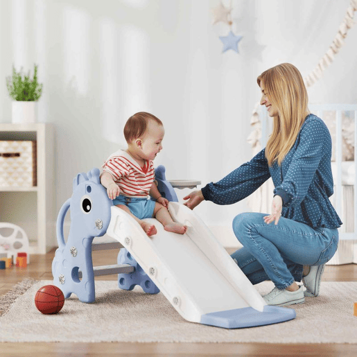 AIYAPLAY Escorrega Infantil 3 em 1 Escorrega para Crianças de 1 a 3 Anos com Escada Tabela de Basquetebol e Desenho de Girafa para Interior 106x51,5x52 cm Azul Claro