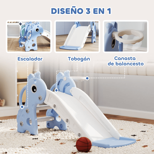 AIYAPLAY Escorrega Infantil 3 em 1 Escorrega para Crianças de 1 a 3 Anos com Escada Tabela de Basquetebol e Desenho de Girafa para Interior 106x51,5x52 cm Azul Claro