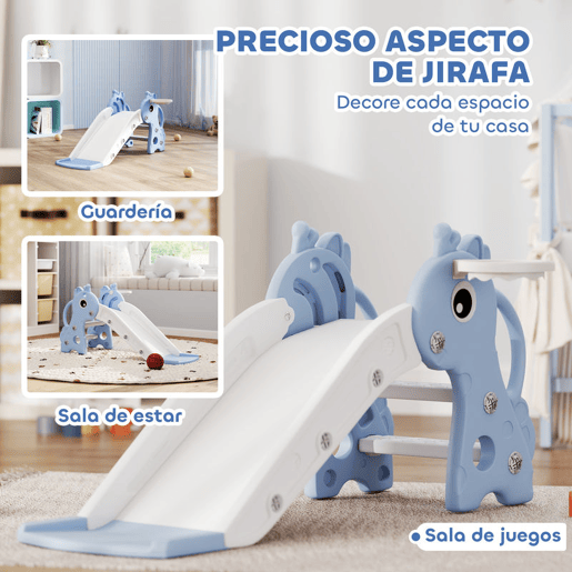 AIYAPLAY Escorrega Infantil 3 em 1 Escorrega para Crianças de 1 a 3 Anos com Escada Tabela de Basquetebol e Desenho de Girafa para Interior 106x51,5x52 cm Azul Claro
