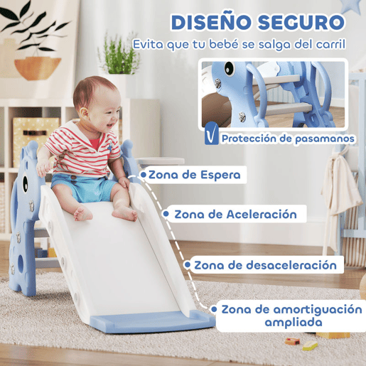 AIYAPLAY Escorrega Infantil 3 em 1 Escorrega para Crianças de 1 a 3 Anos com Escada Tabela de Basquetebol e Desenho de Girafa para Interior 106x51,5x52 cm Azul Claro