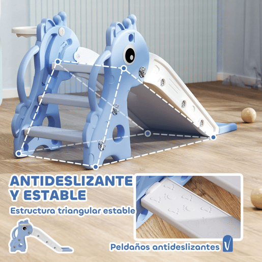 AIYAPLAY Escorrega Infantil 3 em 1 Escorrega para Crianças de 1 a 3 Anos com Escada Tabela de Basquetebol e Desenho de Girafa para Interior 106x51,5x52 cm Azul Claro