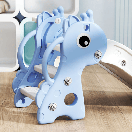 AIYAPLAY Escorrega Infantil 3 em 1 Escorrega para Crianças de 1 a 3 Anos com Escada Tabela de Basquetebol e Desenho de Girafa para Interior 106x51,5x52 cm Azul Claro