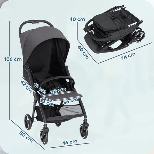 AIYAPLAY Carrinho de Bebé Dobrável com Encosto Reclinável Apoio para os Pés Ajustável Capota Cesto e Arnês de 5 Pontos Carga Máxima 15 kg 80x46x106 cm Cinza Escuro