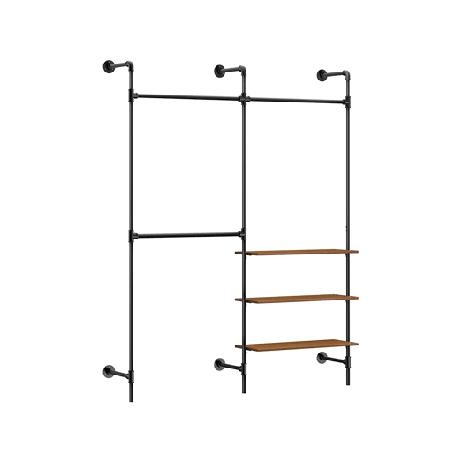 Cabide industrial de parede SoBuy, cabide tubular fixo com 3 barras e 3 prateleiras em MDF, armário aberto resistente e económico em termos de espaço, preto industrial KLS18-SCH