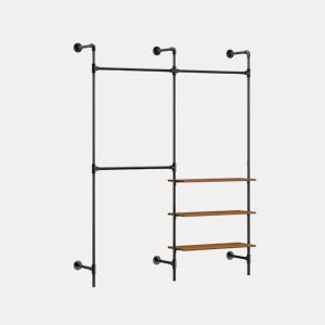 Cabide industrial de parede SoBuy, cabide tubular fixo com 3 barras e 3 prateleiras em MDF, armário aberto resistente e económico em termos de espaço, preto industrial KLS18-SCH