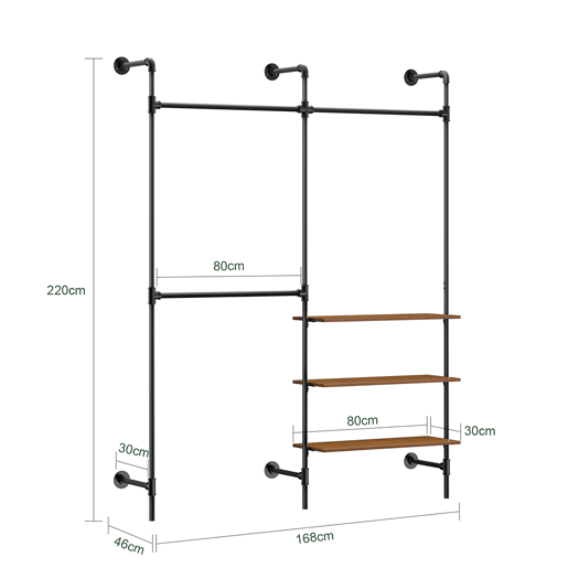 Cabide industrial de parede SoBuy, cabide tubular fixo com 3 barras e 3 prateleiras em MDF, armário aberto resistente e económico em termos de espaço, preto industrial KLS18-SCH
